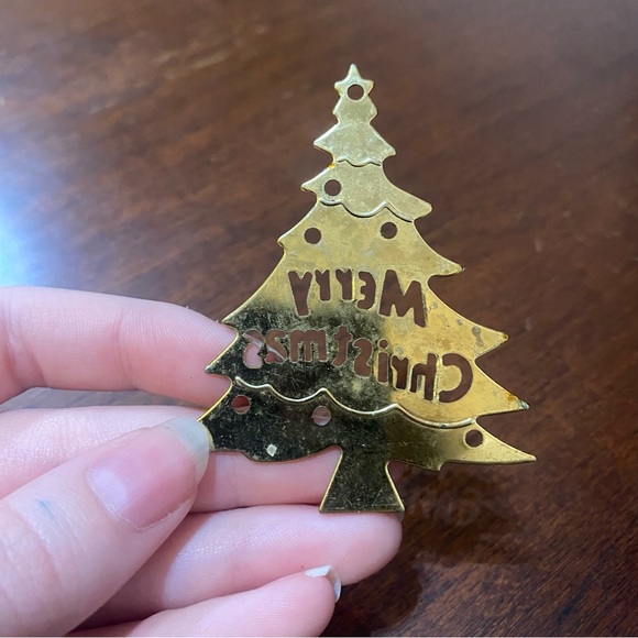 Vintage Cut Metal Gold Tone Merry Christmas Tree Ornament Holiday 2 3/4" - Picture 3 of 7